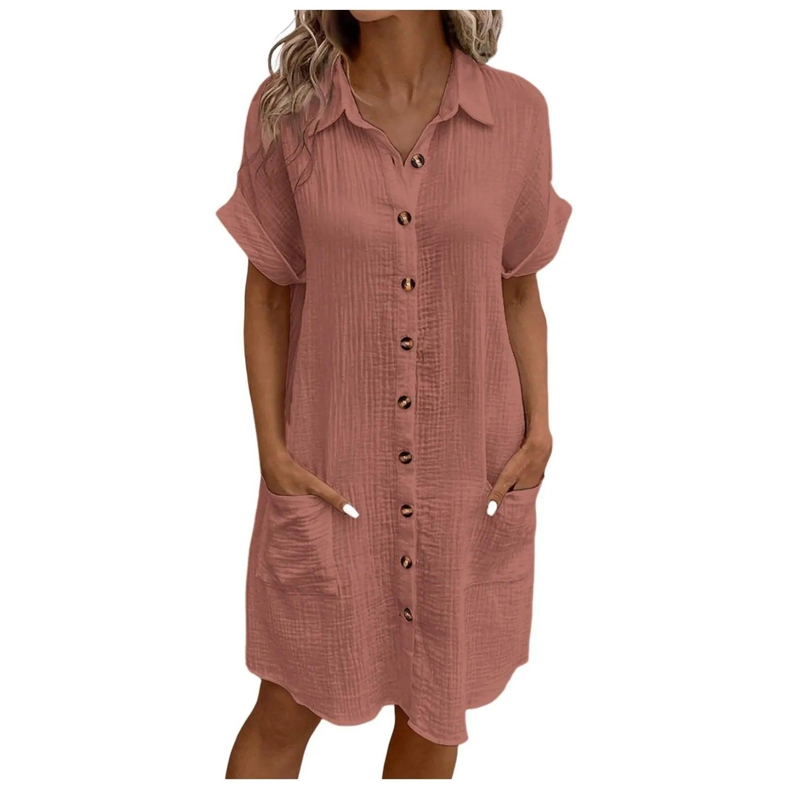 Women Casual Blouse Dress Single Breasted Simple V Neck Button Linen Dress With Pocket Loose Large Size Shirt Dress - Torrster