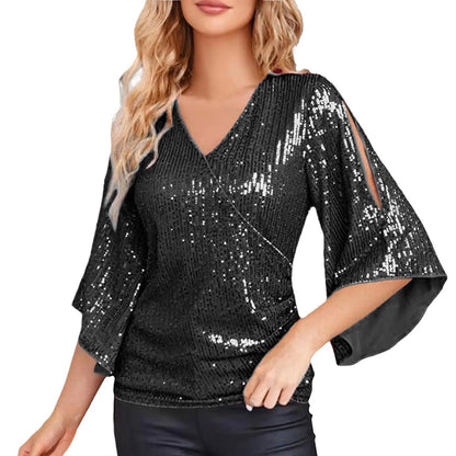 Women Blouse Sequin Tops 3/4 Sleeve Glitter Sparkly Party Blouse V Neck Dressy Tops For Evening Party Thin Chic Blusas Para Muje - Torrster