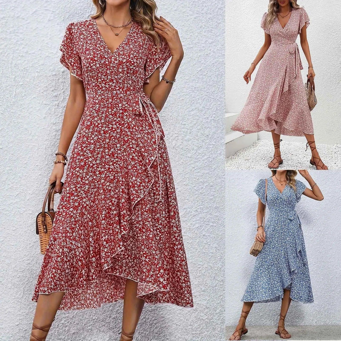 Women's Flowy Split Midi Floral Wrap Dress Summer Irregular High Waist Boho Long Dress A-Line V-Neck Holiday Beach Sundress - Torrster