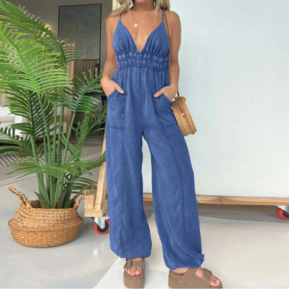 Women's Casual Fashion Denim Jumpsuit Summer Adjustable Waist Loose Fit Wide Leg Playsuit Drawstring Cuffs Backless Jumpsuit - Torrster