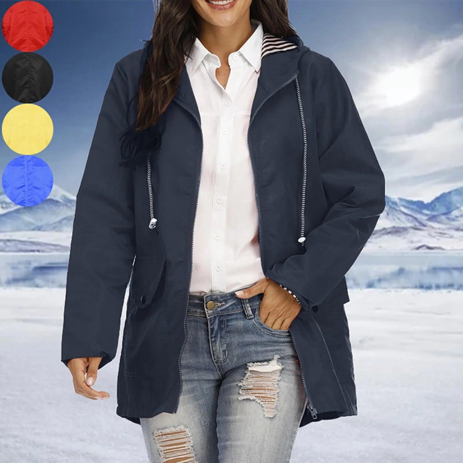 Women Solid Rain Jacket Outdoor Plus Size Hooded Windproof Loose Coat Women's Athletic Jackets - Torrster