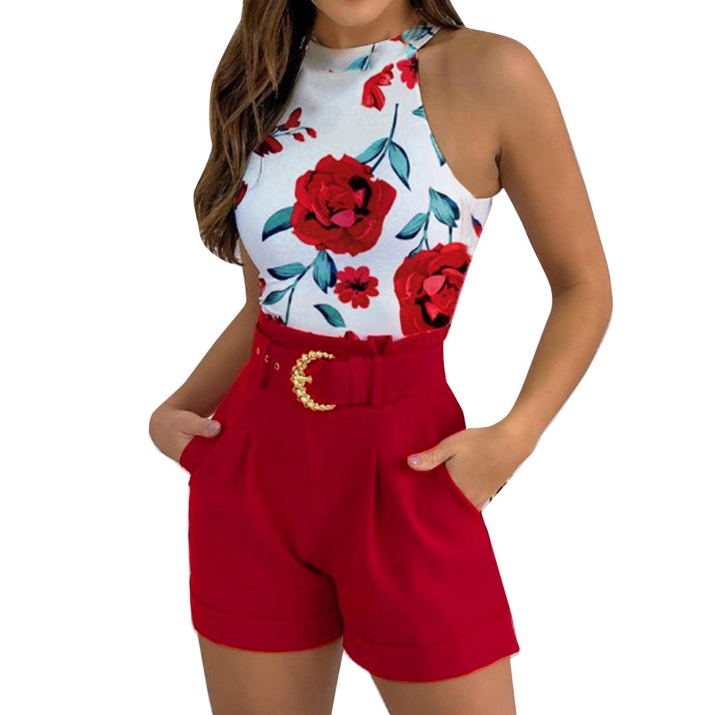 Elegant Fashion Women'S Suit Pants Sets Sleeveless Vest Top Suit Shorts Floral Print Basic Tank Top & Shorts Set With Belt - Torrster