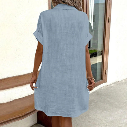 Women Casual Blouse Dress Single Breasted Simple V Neck Button Linen Dress With Pocket Loose Large Size Shirt Dress - Torrster