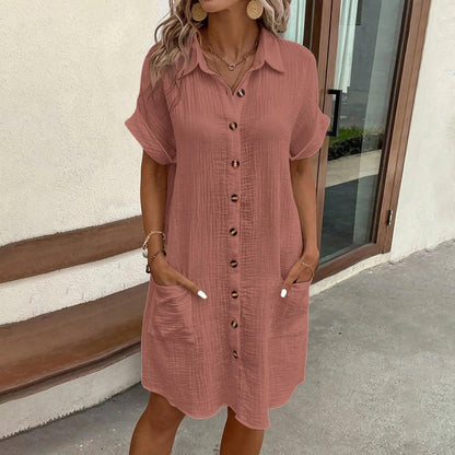 Women Casual Blouse Dress Single Breasted Simple V Neck Button Linen Dress With Pocket Loose Large Size Shirt Dress - Torrster