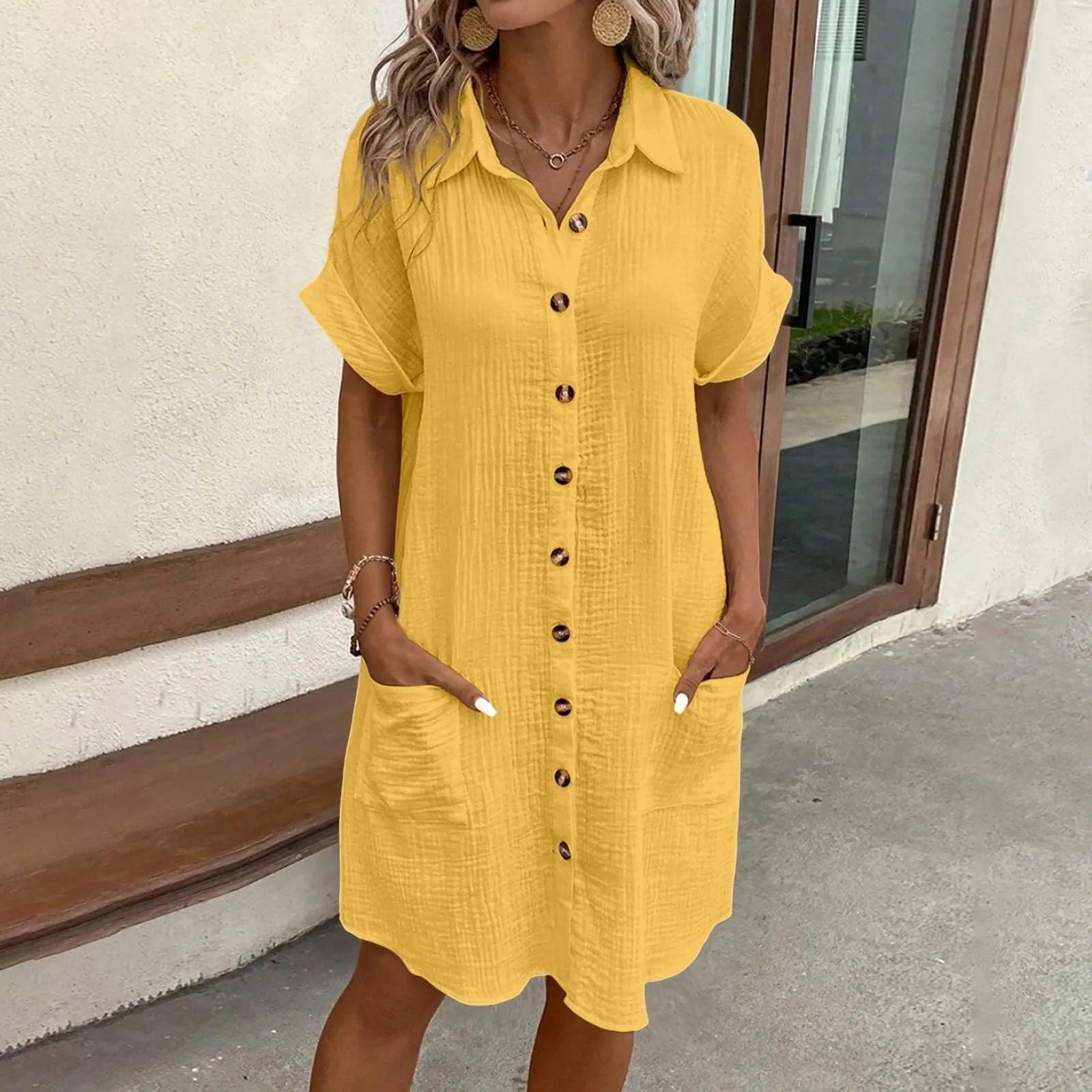 Women Casual Blouse Dress Single Breasted Simple V Neck Button Linen Dress With Pocket Loose Large Size Shirt Dress - Torrster