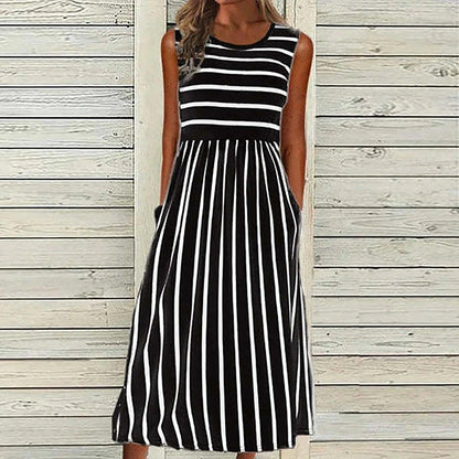 Womens Dresses Women Fashion Casual Striped Print Round Neck Sleeveless Pocket Long Dress Vestidos De Fiesta Elegantes 2024 - Torrster