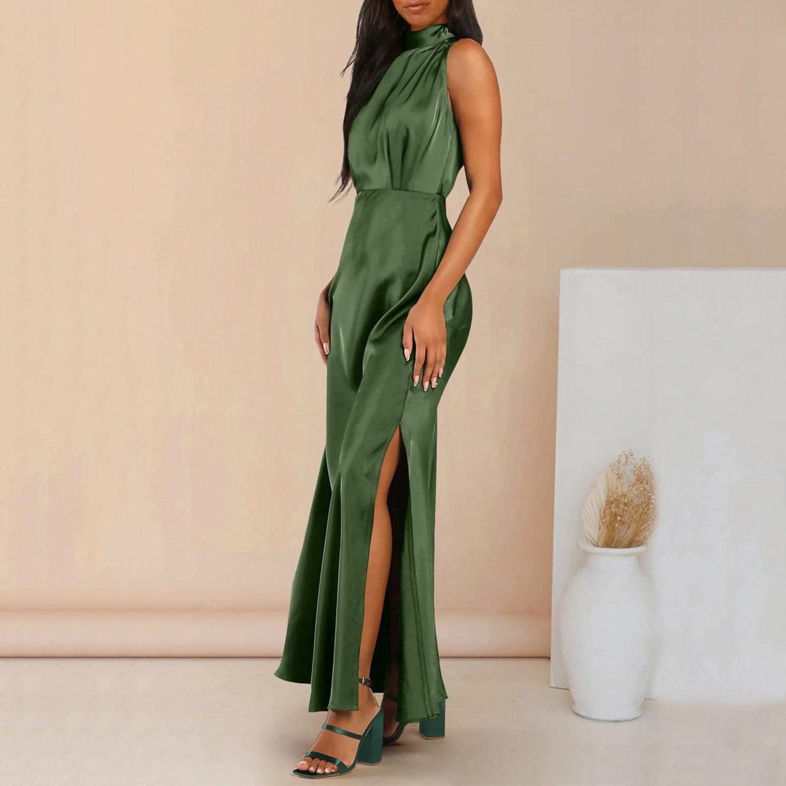 Summer Elegant Women Summer Long Formal Satin Dresses Mock Neck Sleeveless Side Slit Flowy Maxi Tank Dresses Woman Party Night - Torrster