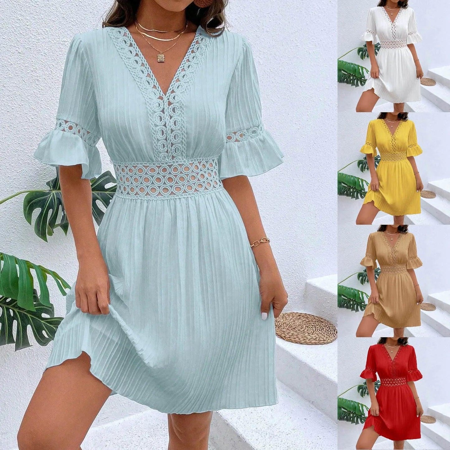 Summer V Neck Women's Dresses Ruffle Short Sleeves High Waist Dress Elegant Female Casual Solid Color Dresses Lace Vestidos - Torrster