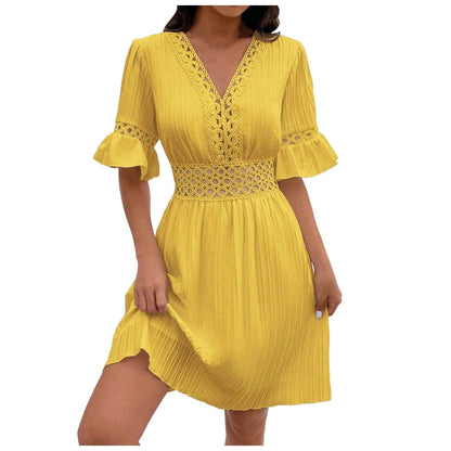 Summer V Neck Women's Dresses Ruffle Short Sleeves High Waist Dress Elegant Female Casual Solid Color Dresses Lace Vestidos - Torrster