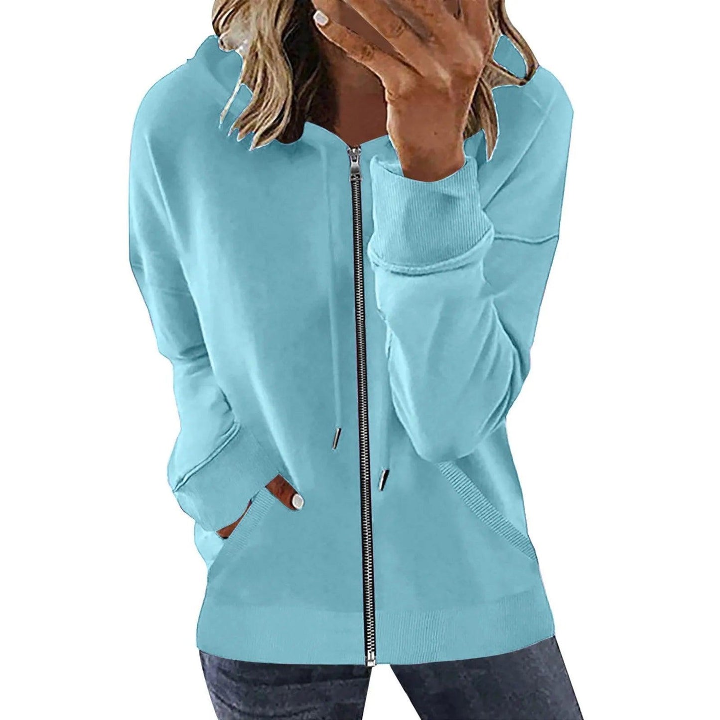 Pocket Long Sleeve Hooded Threaded Sweater Ladies Zipper Top Hooded Zip up Sweatshirt Women Hoodie Casual Oversized Hoodies - Torrster