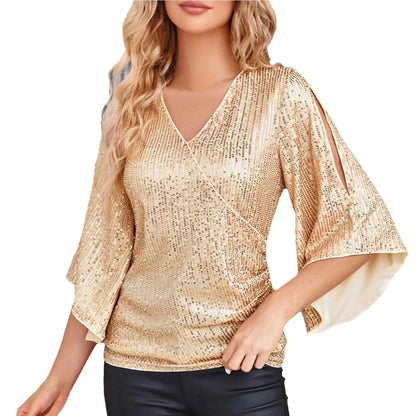 Women Blouse Sequin Tops 3/4 Sleeve Glitter Sparkly Party Blouse V Neck Dressy Tops For Evening Party Thin Chic Blusas Para Muje - Torrster