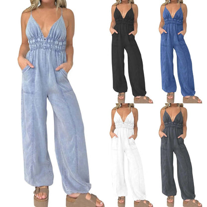 Women's Casual Fashion Denim Jumpsuit Summer Adjustable Waist Loose Fit Wide Leg Playsuit Drawstring Cuffs Backless Jumpsuit - Torrster