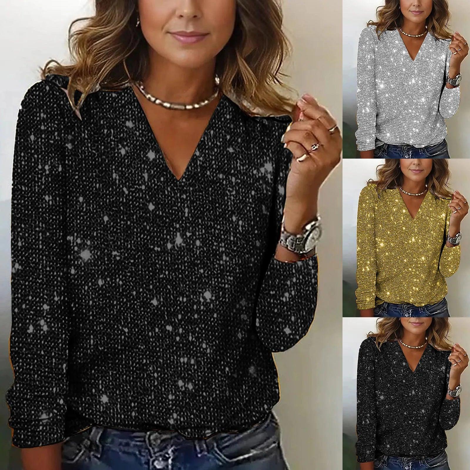 Women Elegant Sequined V Neck Elegant Solid Color Long Sleeved Top V-Neck Long Sleeve Shining Sequins Decoration Blouse Tops - Torrster