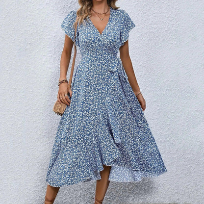 Women's Flowy Split Midi Floral Wrap Dress Summer Irregular High Waist Boho Long Dress A-Line V-Neck Holiday Beach Sundress - Torrster