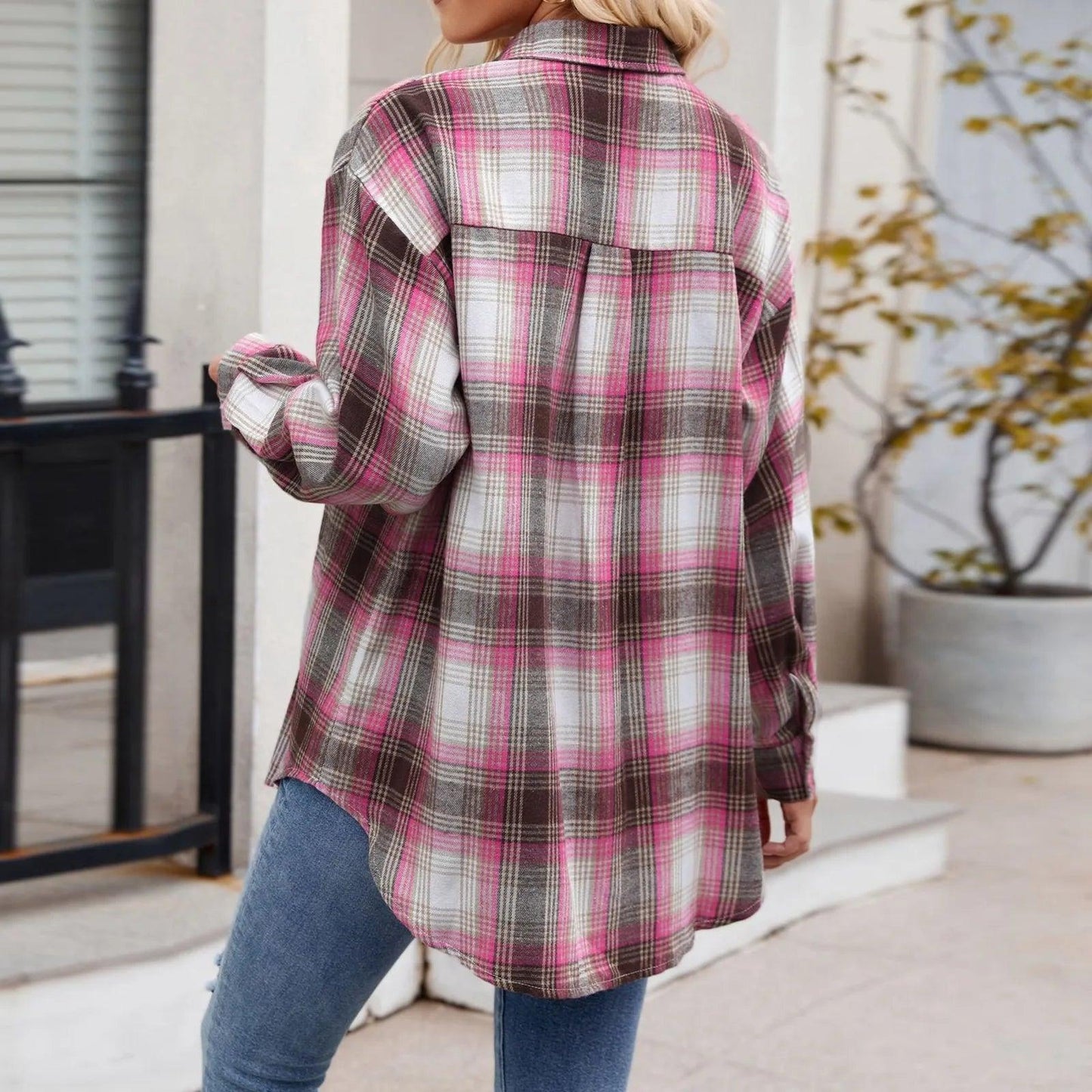 Jacket V Neck Top Women Lightweight Flannel Plaid Button Down Shirt Oversized Long Sleeve Bodycon Jacket Top Coats For Female - Torrster