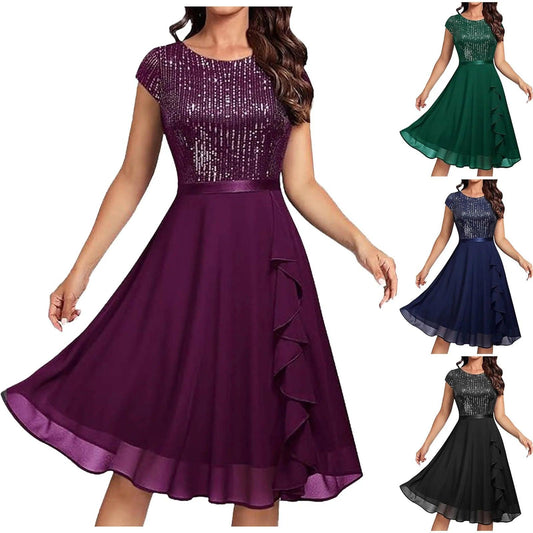 Elegant Ladies Sequin Chiffon Dress Fashion Short Sleeve O-Neck Solid Color Dress For Women All Season Formal Evening Party Gown - Torrster