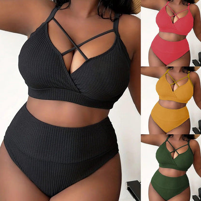 2024 Women'S Sexy Plus Size Bikini Set Solid Color High Waisted 2 Piece Women'S Swimsuit Bikini Woman 2024 Trend Push Up - Torrster