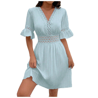 Summer V Neck Women's Dresses Ruffle Short Sleeves High Waist Dress Elegant Female Casual Solid Color Dresses Lace Vestidos - Torrster