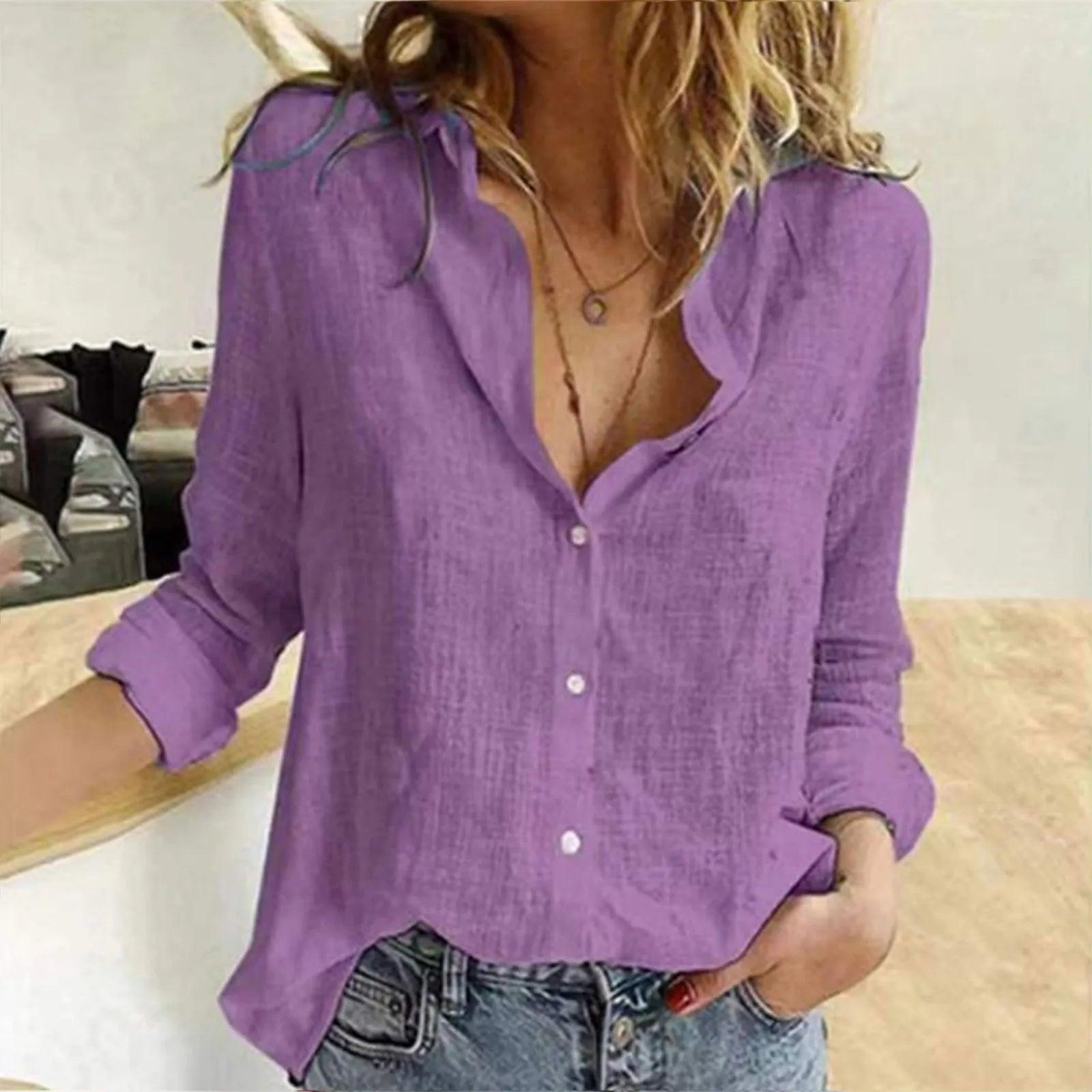 2024 Vintage Cotton Linen Shirt For Women Casual Solid Button Lapel Shirts & Blouses Long Sleeve Loose Tops Tunic Blusas Camisas - Torrster