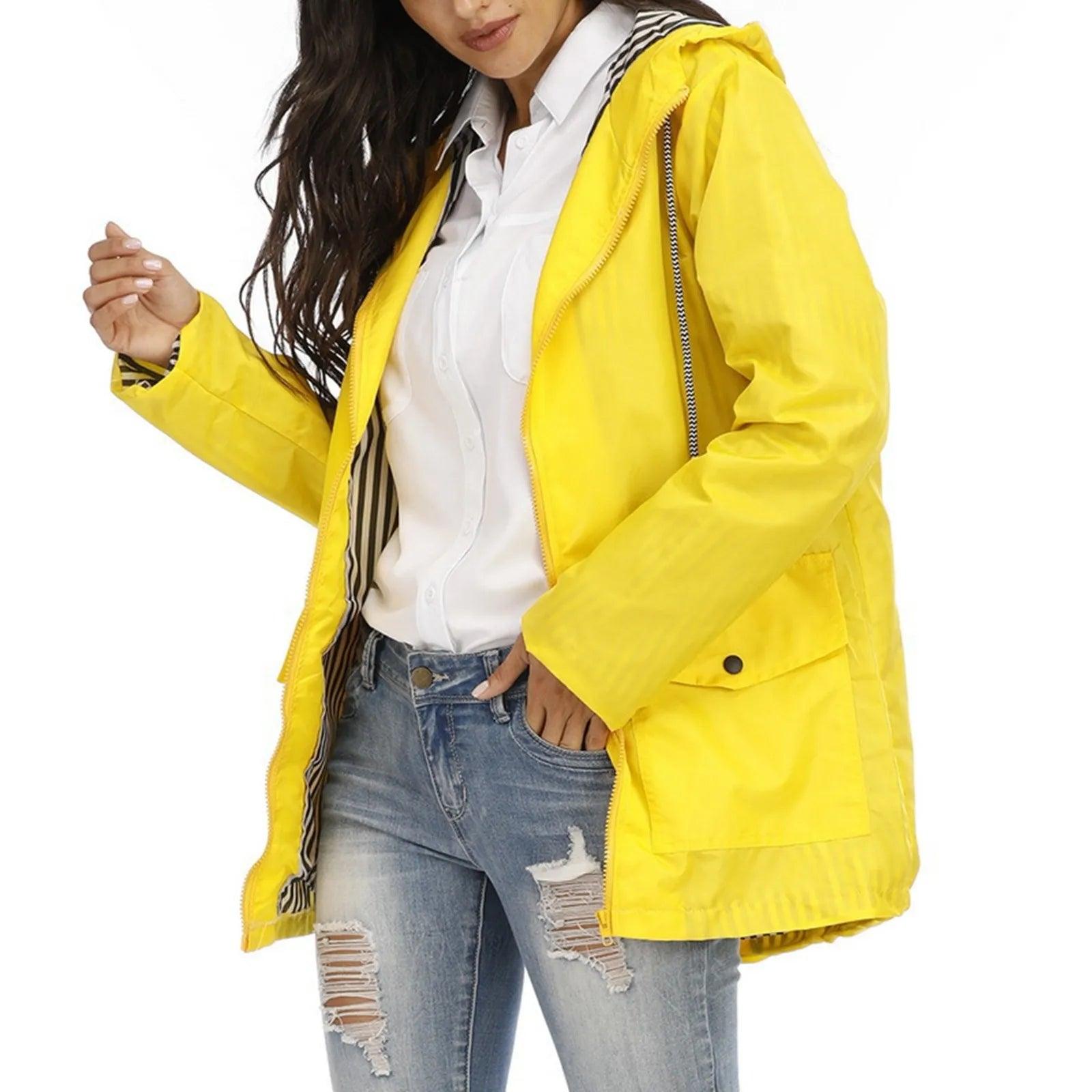 Women Solid Rain Jacket Outdoor Plus Size Hooded Windproof Loose Coat Women's Athletic Jackets - Torrster