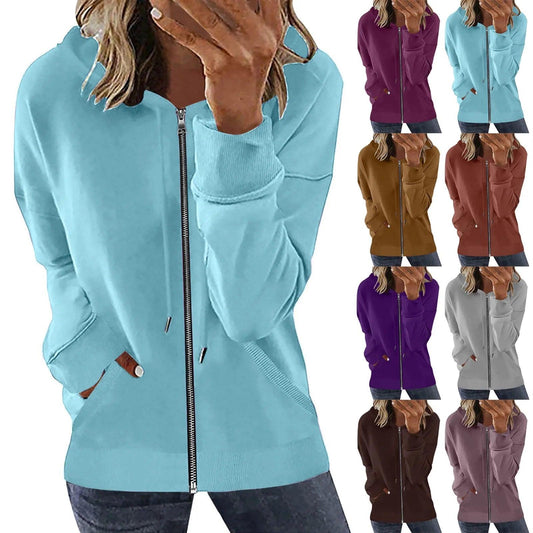 Pocket Long Sleeve Hooded Threaded Sweater Ladies Zipper Top Hooded Zip up Sweatshirt Women Hoodie Casual Oversized Hoodies - Torrster