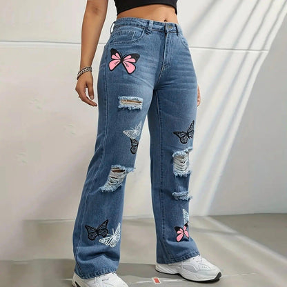 Women's High Waist Button Up Butterfly Print Jeans Fashion Casual Straight Pants for Women Spring Summer 2024 Chic Ripped Jeans - Torrster