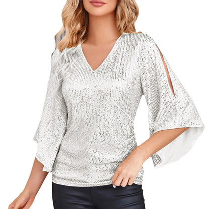 Women Blouse Sequin Tops 3/4 Sleeve Glitter Sparkly Party Blouse V Neck Dressy Tops For Evening Party Thin Chic Blusas Para Muje - Torrster