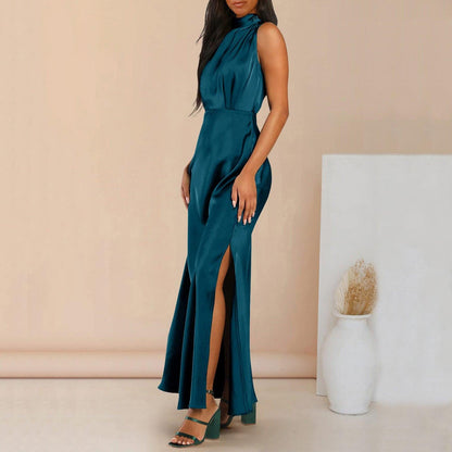 Summer Elegant Women Summer Long Formal Satin Dresses Mock Neck Sleeveless Side Slit Flowy Maxi Tank Dresses Woman Party Night - Torrster