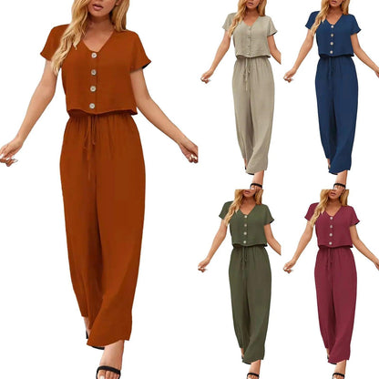 Summer Outfits For Women 2023 Fashion Solid Cotton And Linen Multi Button Top Short Sleeve Pant Sets Casual Ladies Suits - Torrster