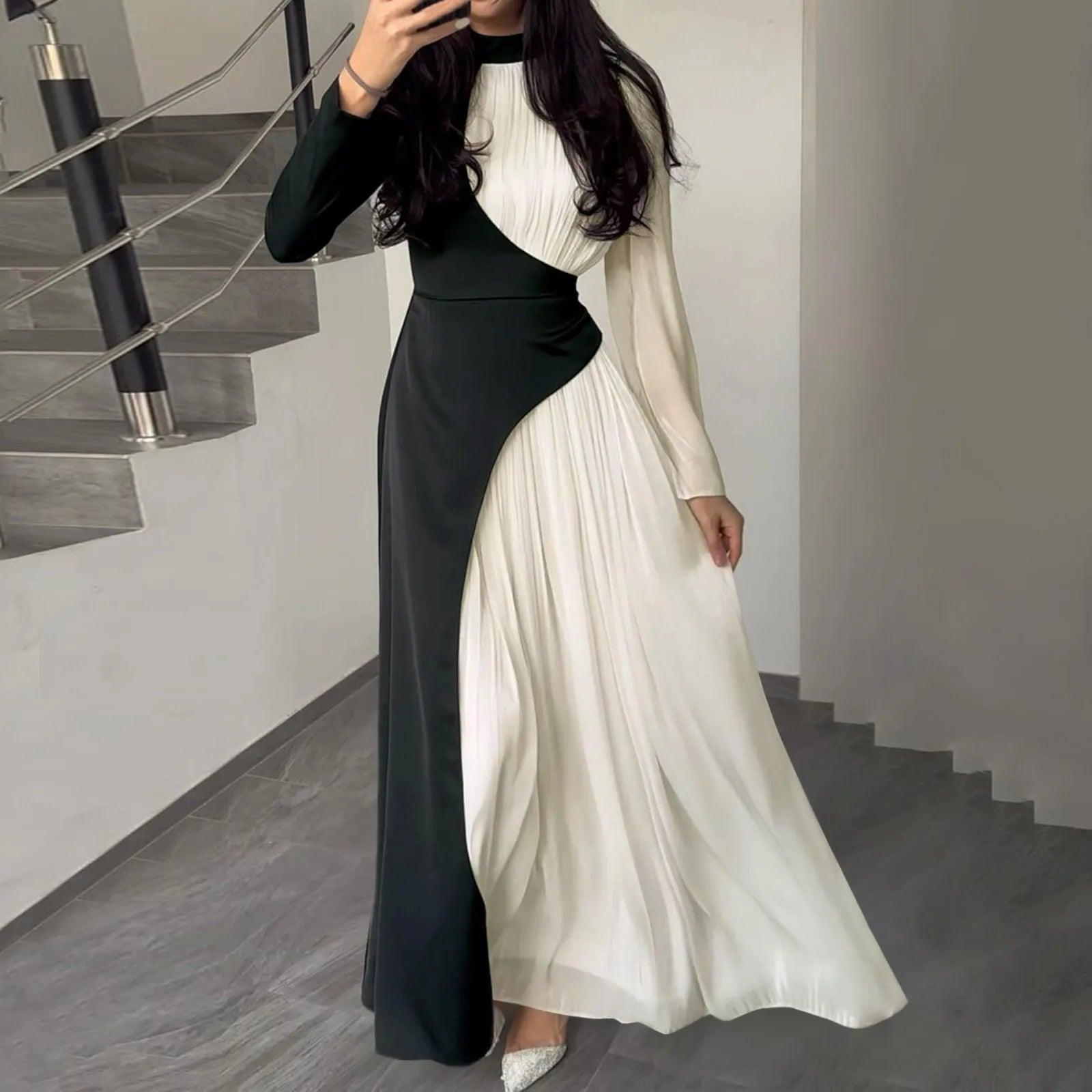 Women'sElegant Patchwork Long Dress Spring Half High Neck Long Sleeve A-Line Maxi Dress Female Slim Waist Party Club Dresses - Torrster