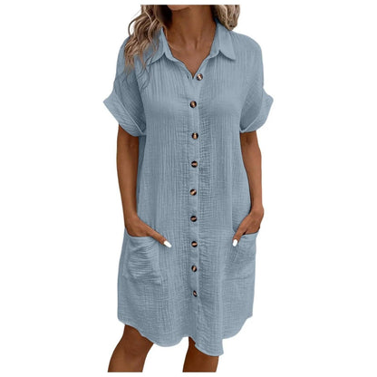 Women Casual Blouse Dress Single Breasted Simple V Neck Button Linen Dress With Pocket Loose Large Size Shirt Dress - Torrster