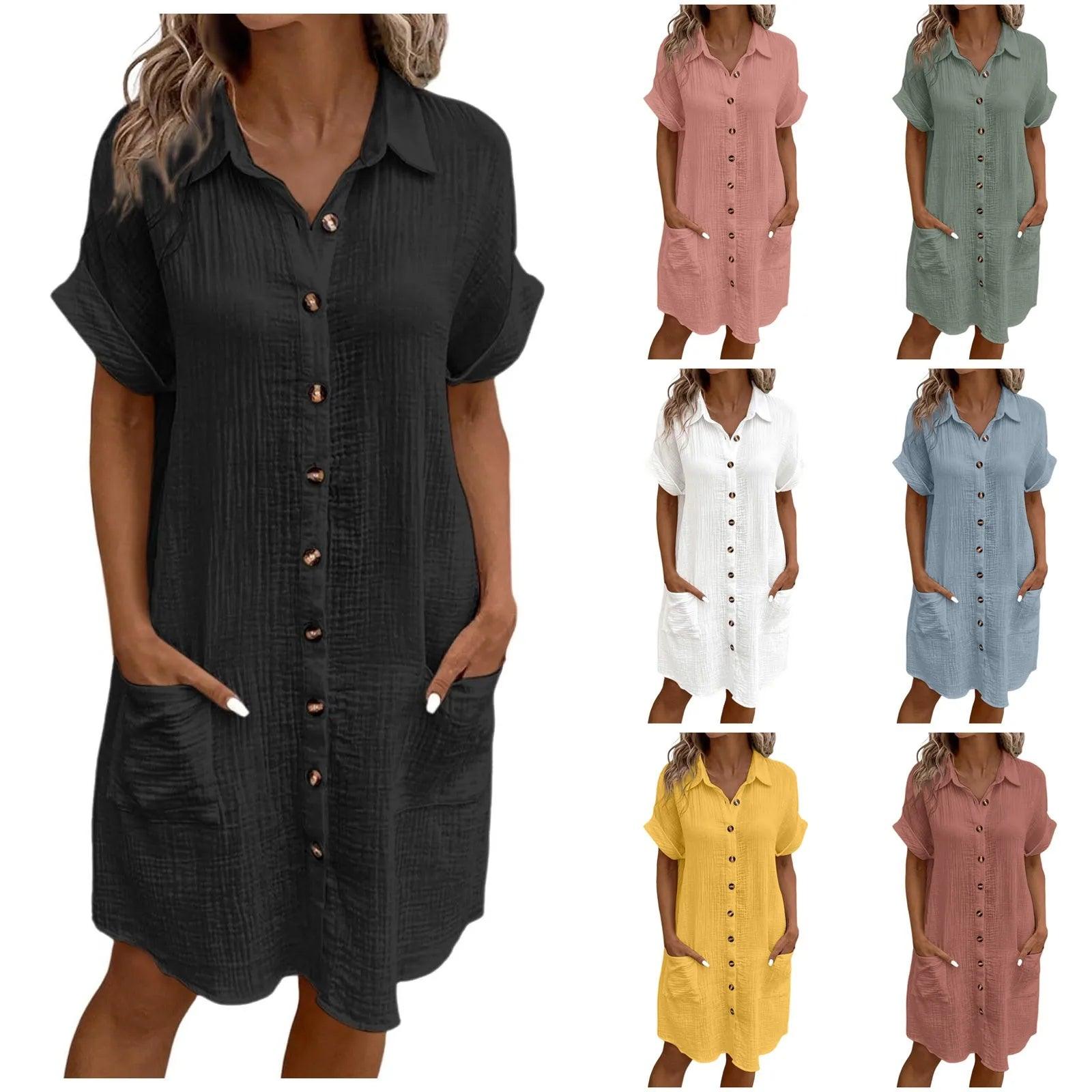 Women Casual Blouse Dress Single Breasted Simple V Neck Button Linen Dress With Pocket Loose Large Size Shirt Dress - Torrster