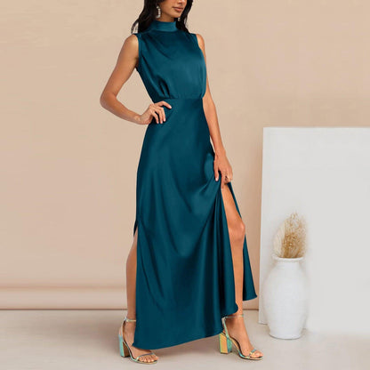 Summer Elegant Women Summer Long Formal Satin Dresses Mock Neck Sleeveless Side Slit Flowy Maxi Tank Dresses Woman Party Night - Torrster