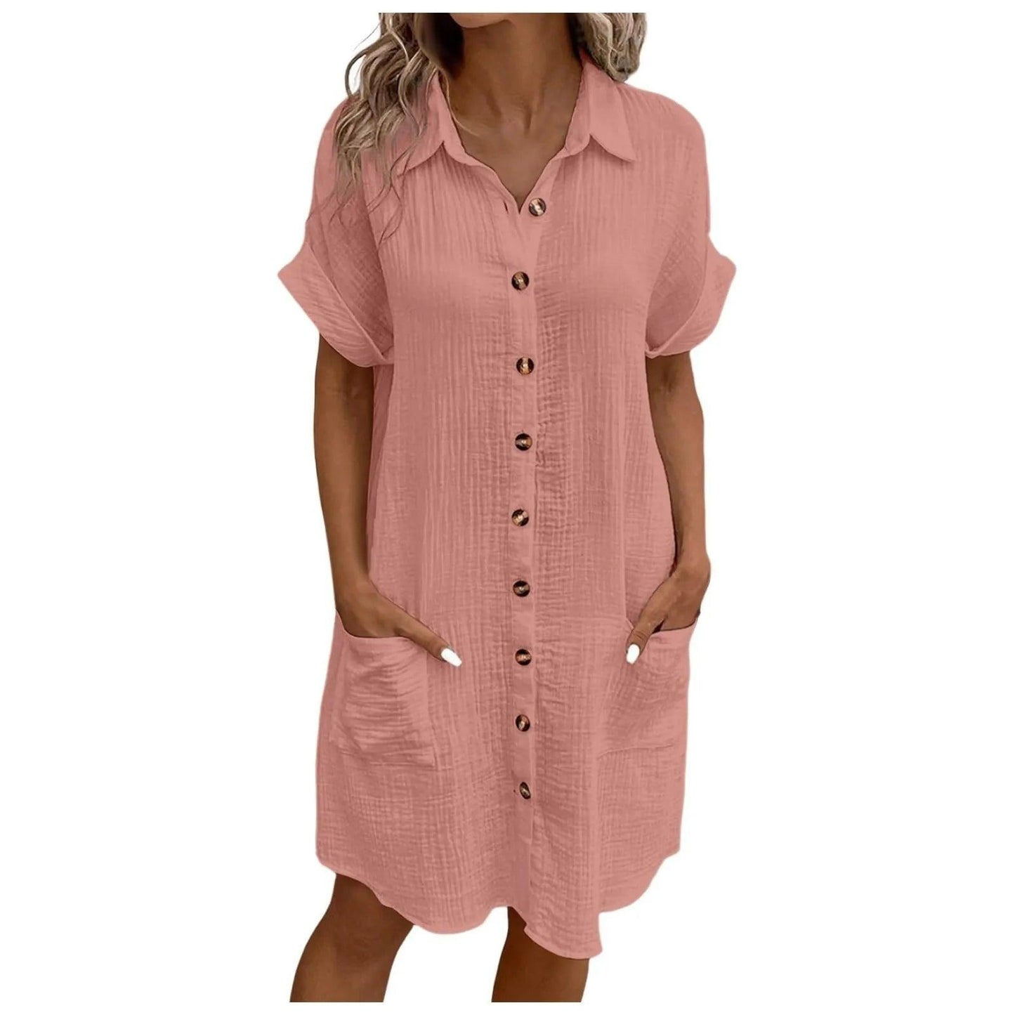 Women Casual Blouse Dress Single Breasted Simple V Neck Button Linen Dress With Pocket Loose Large Size Shirt Dress - Torrster