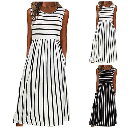 Womens Dresses Women Fashion Casual Striped Print Round Neck Sleeveless Pocket Long Dress Vestidos De Fiesta Elegantes 2024 - Torrster