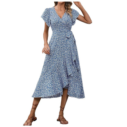 Women's Flowy Split Midi Floral Wrap Dress Summer Irregular High Waist Boho Long Dress A-Line V-Neck Holiday Beach Sundress - Torrster