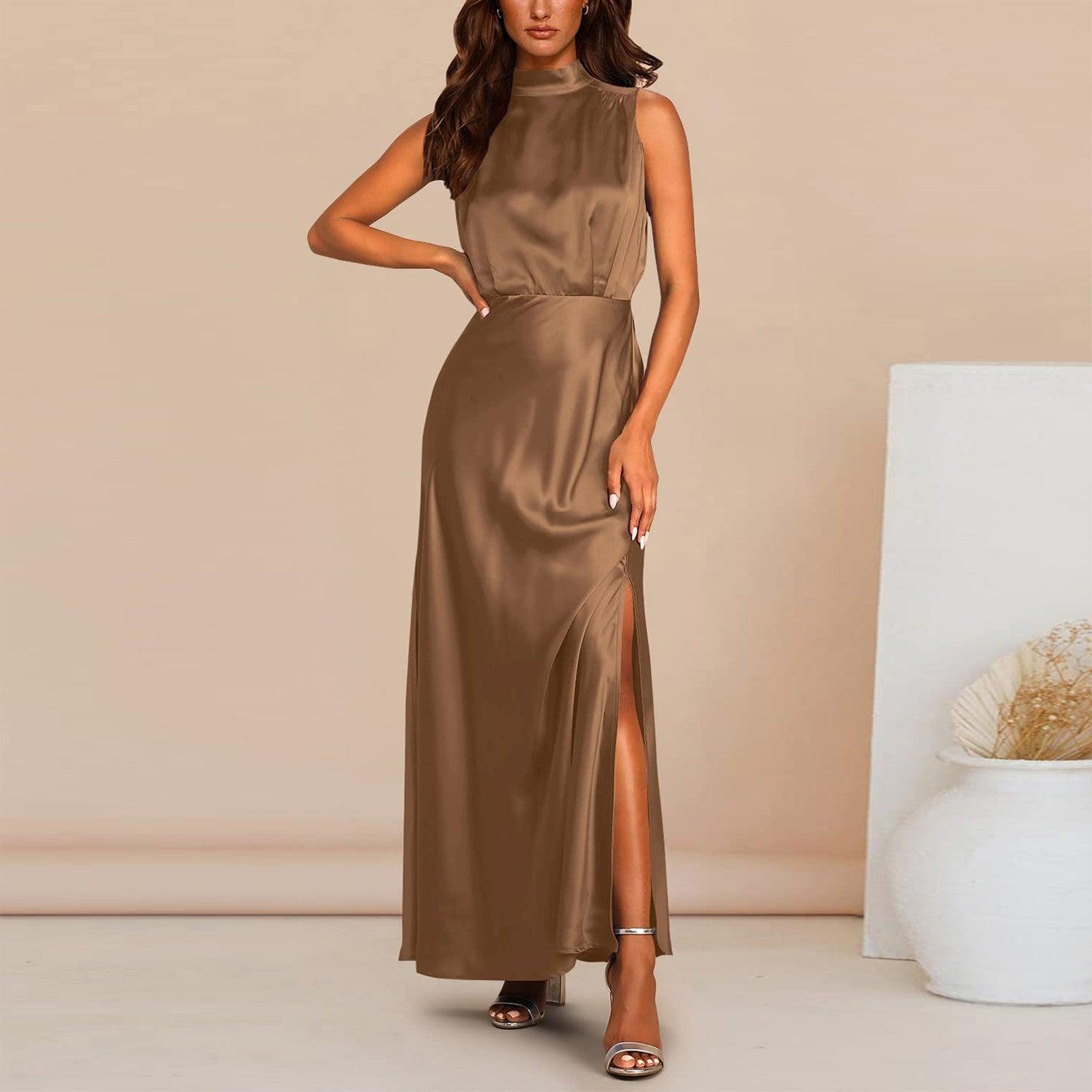 Summer Elegant Women Summer Long Formal Satin Dresses Mock Neck Sleeveless Side Slit Flowy Maxi Tank Dresses Woman Party Night - Torrster