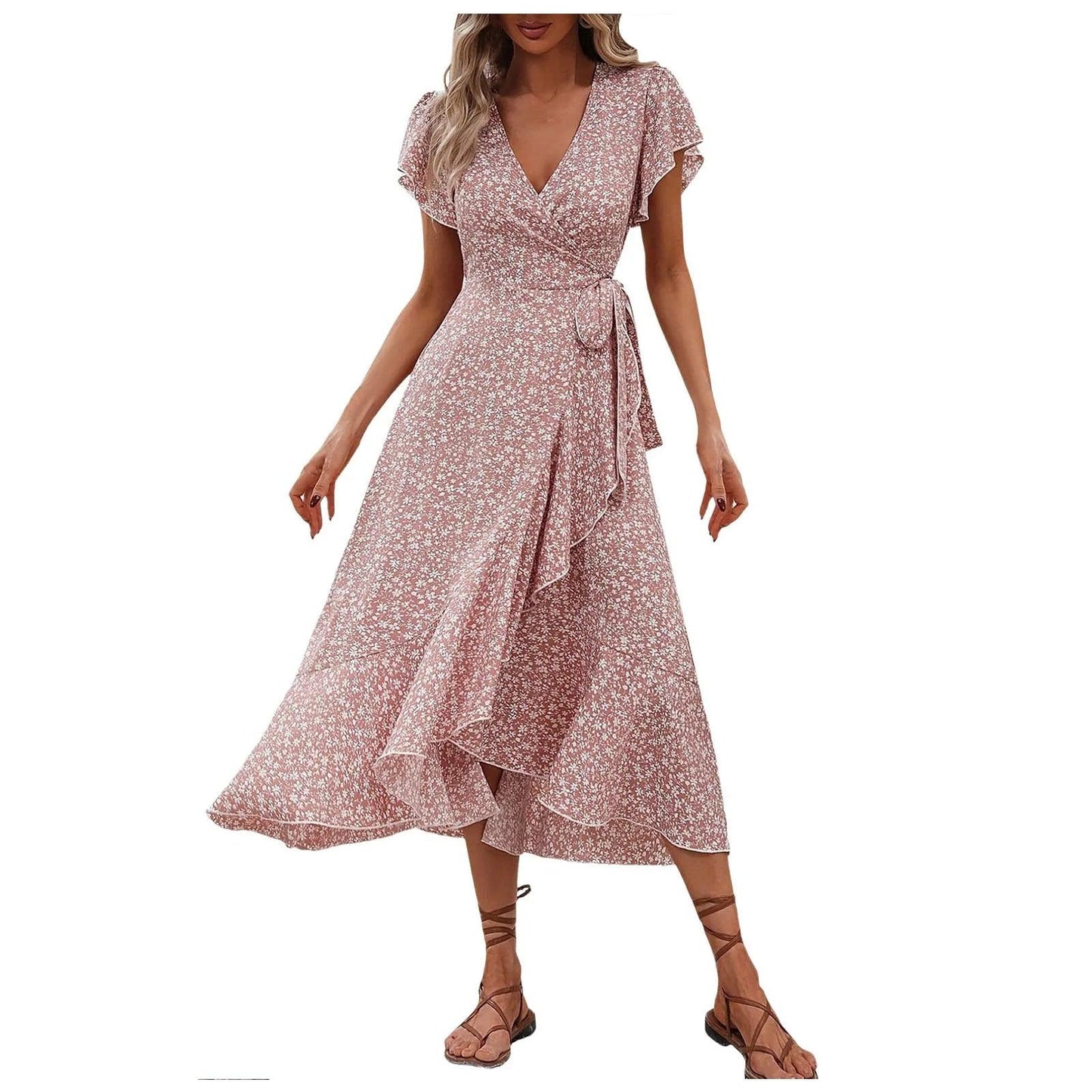 Women's Flowy Split Midi Floral Wrap Dress Summer Irregular High Waist Boho Long Dress A-Line V-Neck Holiday Beach Sundress - Torrster