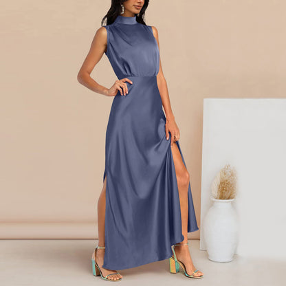 Summer Elegant Women Summer Long Formal Satin Dresses Mock Neck Sleeveless Side Slit Flowy Maxi Tank Dresses Woman Party Night