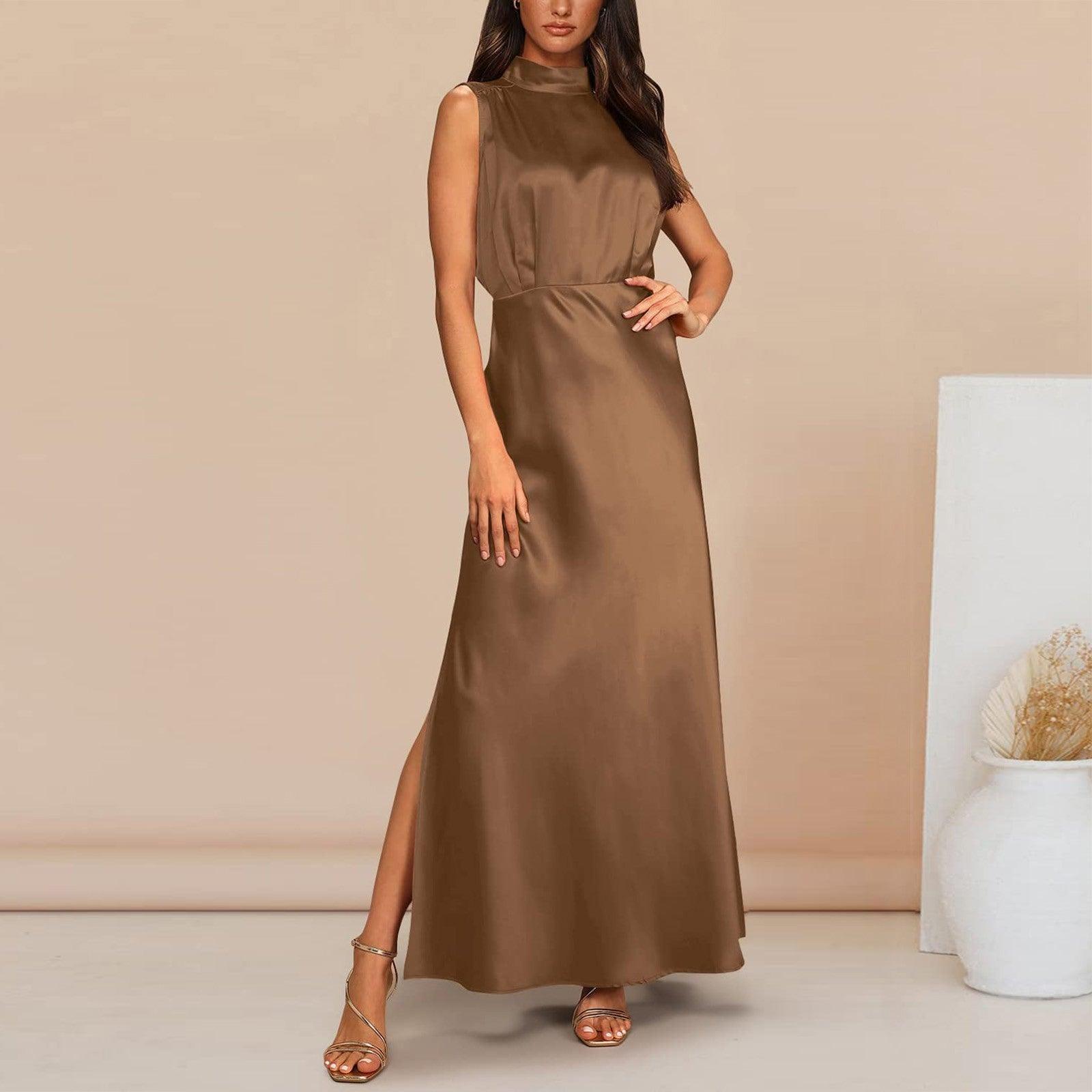 Summer Elegant Women Summer Long Formal Satin Dresses Mock Neck Sleeveless Side Slit Flowy Maxi Tank Dresses Woman Party Night - Torrster