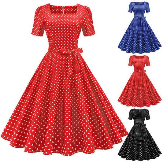 Polka Dot Print Vintage Dress Women Elegant Short Sleeve Square Collar Robe A-Line Party Dresses 50s 60s Vestido Summer 2024 New - Torrster