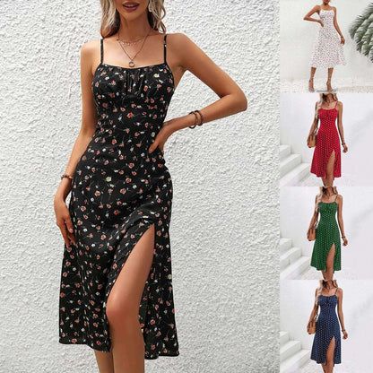 Casual Lace-Up Floral Print Summer Dress Sexy Strappy Hight Split Boho Dresses Backless Holiday Sundresses Women Robe Femme - Torrster