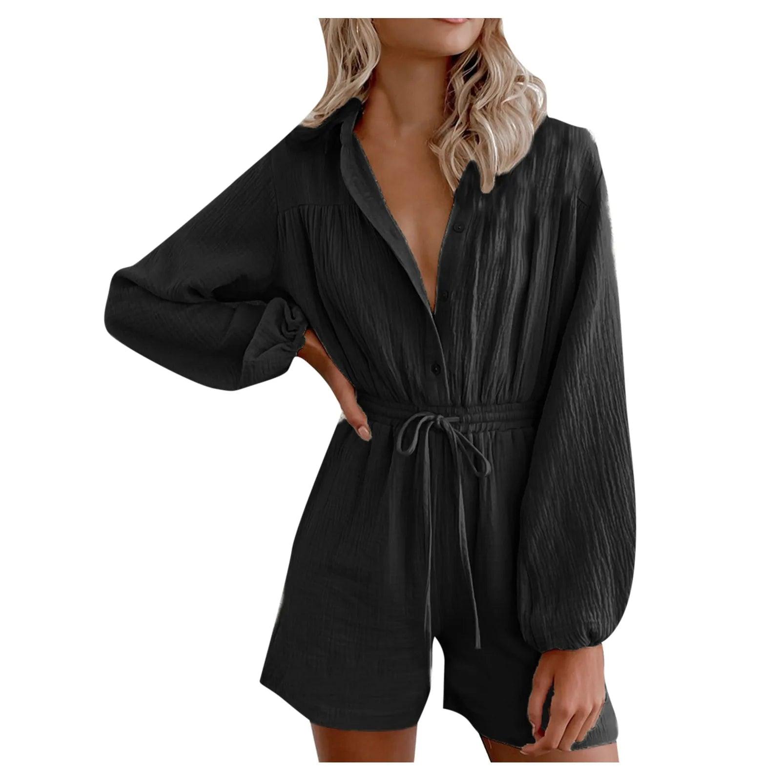 Women Fashion V-Neck Button Down Shorts Romper Summer Black White Cotton Linen Drawstring Playsuits Casual Lace Up Jumpsuits - Torrster