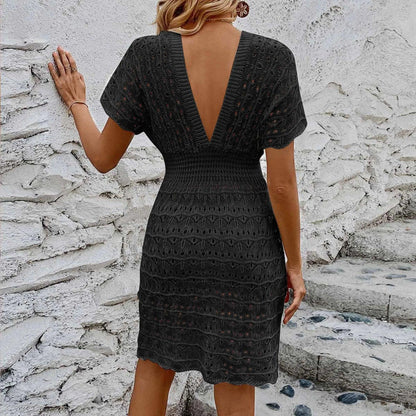 Womens Boho Summer Dresses Deep V Neck Short Sleeve Beach Dress Hollow Knitting Sundress Swimsuit Cover Up Dress - Torrster