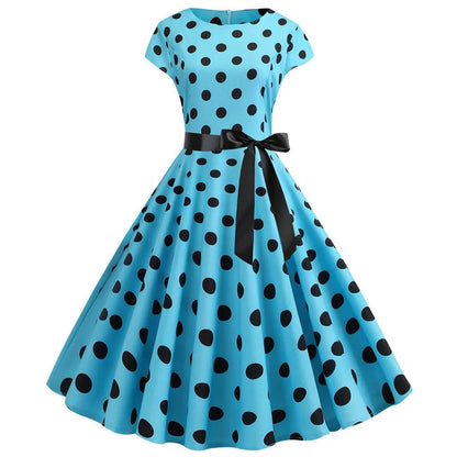 Women Vintage 1950s 60s Polka Dot Print High Waist A-line Swing Party Dress Retro Short Sleeve With Belt Evening Prom Dress - Torrster