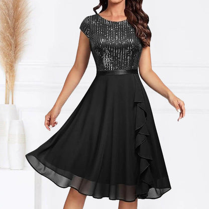 Elegant Ladies Sequin Chiffon Dress Fashion Short Sleeve O-Neck Solid Color Dress For Women All Season Formal Evening Party Gown - Torrster