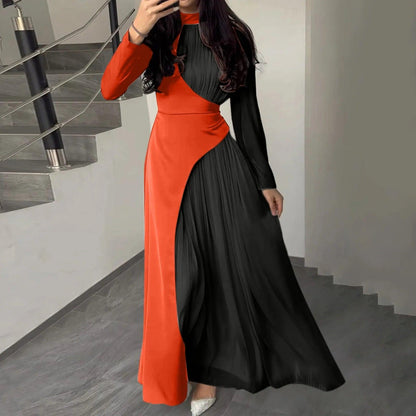 Women'sElegant Patchwork Long Dress Spring Half High Neck Long Sleeve A-Line Maxi Dress Female Slim Waist Party Club Dresses - Torrster