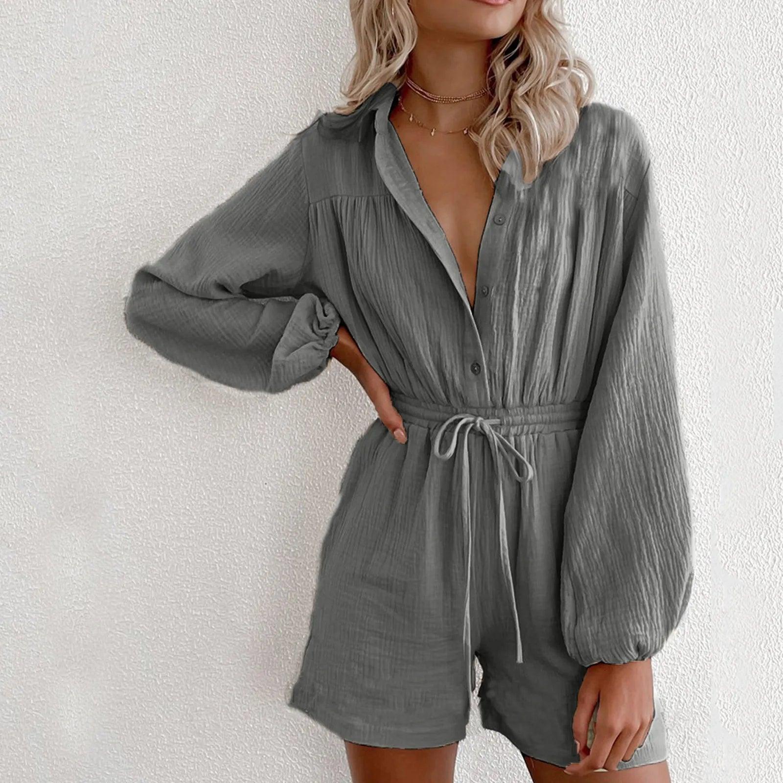 Women Fashion V-Neck Button Down Shorts Romper Summer Black White Cotton Linen Drawstring Playsuits Casual Lace Up Jumpsuits - Torrster