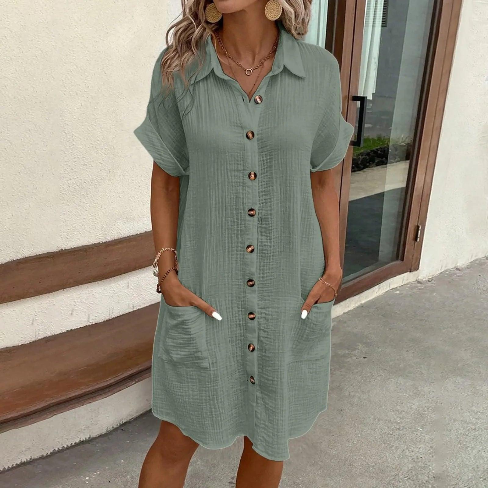 Women Casual Blouse Dress Single Breasted Simple V Neck Button Linen Dress With Pocket Loose Large Size Shirt Dress - Torrster