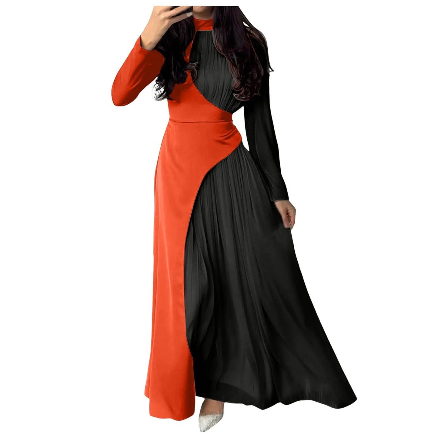 Women'sElegant Patchwork Long Dress Spring Half High Neck Long Sleeve A-Line Maxi Dress Female Slim Waist Party Club Dresses - Torrster